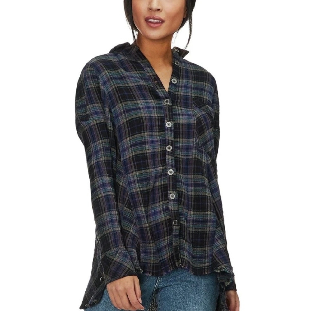 Free People Navy and Green Plaid Button-Down Shirt